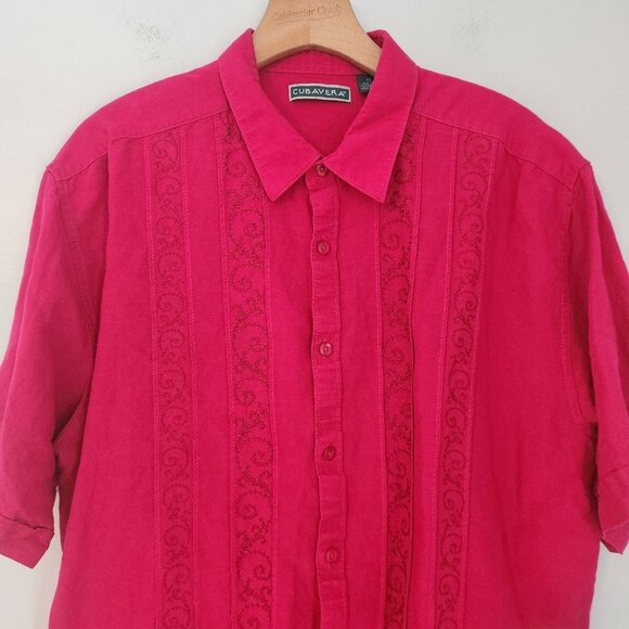 Cubavera Shirt Button Up Embroidered Red Striped Linen Rayon Blend XL EUC - Picture 3 of 11